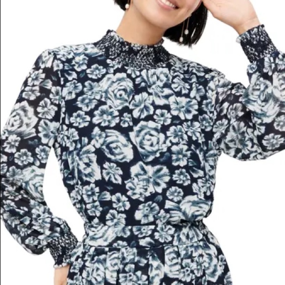 J.Crew Shaded Floral Chiffon Smocked Top Navy Ikat